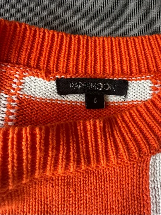 Papermoon Orange and White Checkerboard Crop Sweater Top - Picture 4 of 5